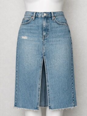 Universal Thread Denim Midi Skirt Light Wash Front Slit Raw Hem Size 8